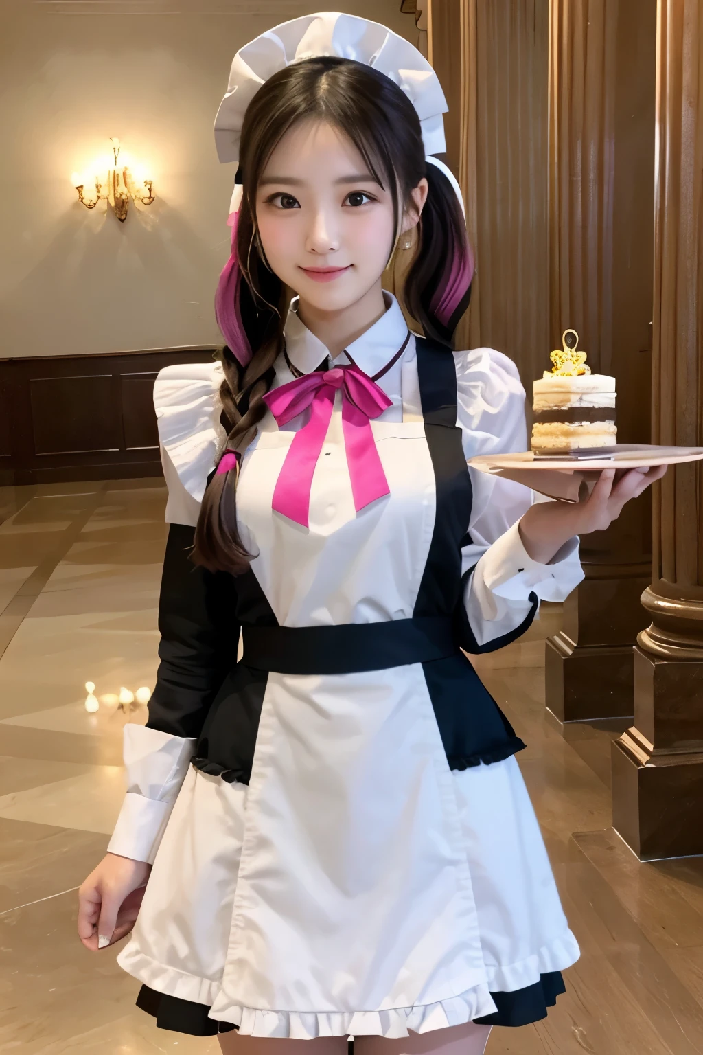 Detailed image of a young female character standing in a grand hall lined with marble columns。A young female character is standing wearing a maid costume.、In her right hand she is holding a tray of parfait desserts.。Her hair is long、It is brown and styled in twin tails.、It has pink highlights。She is wearing a black and white maid outfit.、She has a frilly apron and a big pink ribbon tied around her neck.。her expression is neutral、I think there's a bit of curiosity.。The eyes are a soft pink color。She is wearing a black maid's cap、The apron has a small heart-shaped decoration。Parfait with strawberries、Whipped cream、Topped with chocolate sauce、It looks colorful and appetizing.。The background is solid white、The character and her outfit are highlighted。The lighting is uniform、There is almost no shadow、It shows the character and the dessert she is holding in clear detail.。