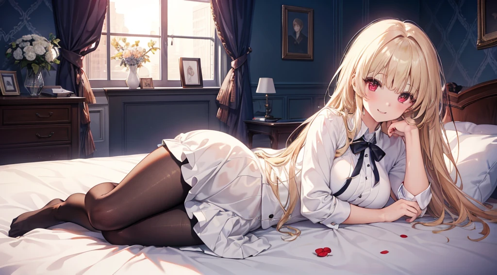 Highest quality, masterpiece, figure, wallpaper,One girl,White shirt, Light Hair, Beautiful detailed girl, Highly detailed eyes and face, Beautiful attention to detail, Shine,Browsing Caution, View your viewers, bed, night, Black Pantyhose, Straight hair, Red Eyes, long hair,Blonde, thick_Thighs, Large Breasts, Red eyes,Sitting,beautiful finger, clear background, deep night, Lying down、smile、Double teeth