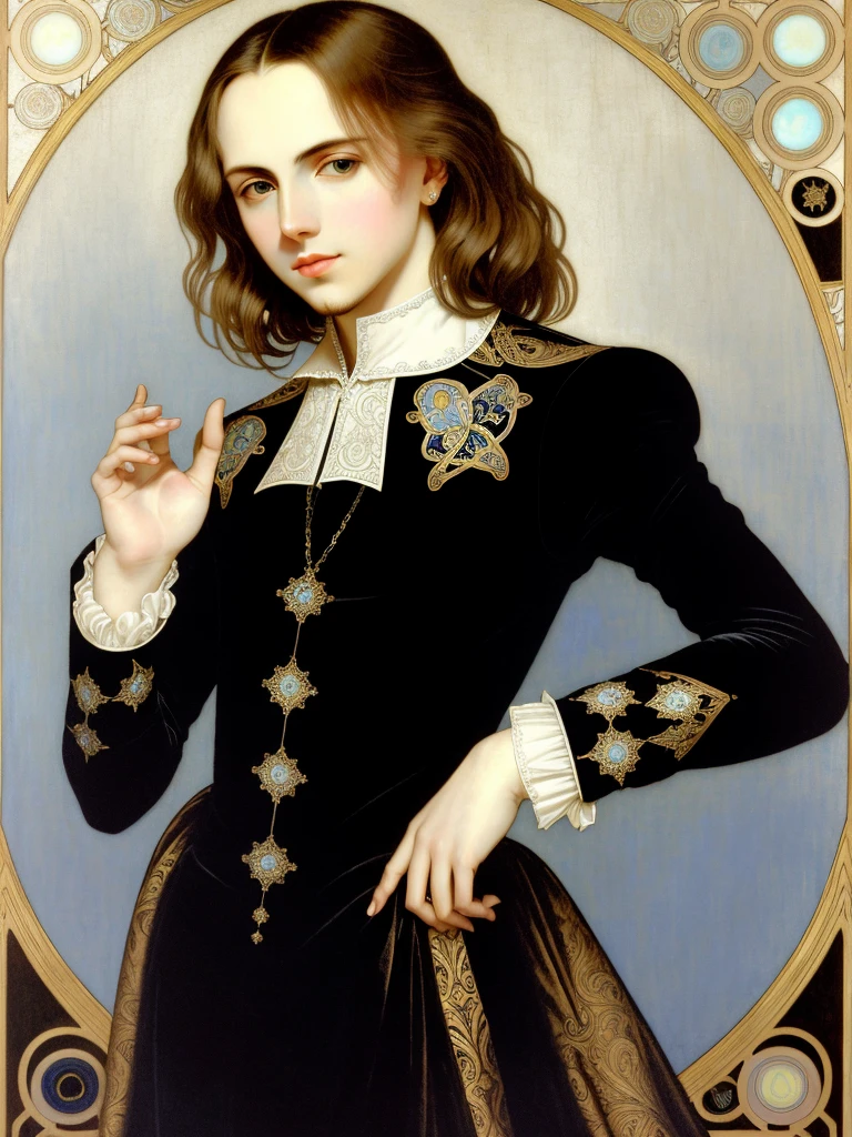 Portrait of Christopher Marlowe, white skin, piercing icy blue eyes, silky golden-brown hair, refined features, charp jawline, clean shaved, black Elizabethan velvet jerkin, embroidered velvet doublet, white laced shirt, art deco style, Alphonse Mucha style, high quality