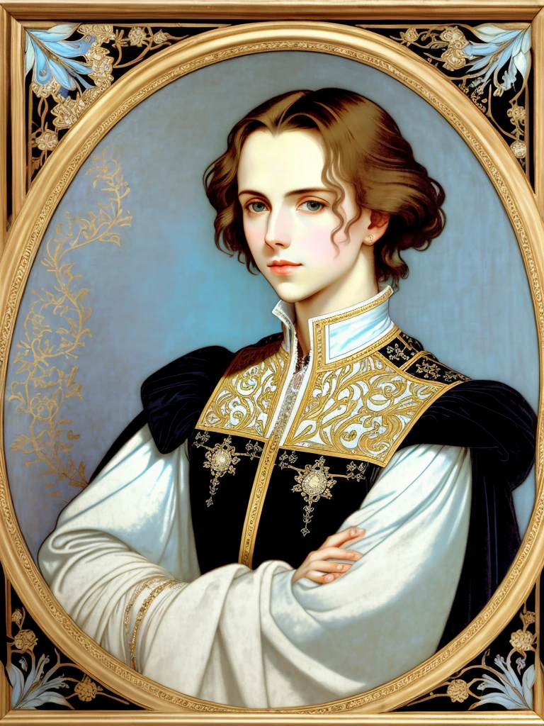 Portrait of Christopher Marlowe, white skin, piercing icy blue eyes, silky golden-brown hair, refined features, charp jawline, clean shaved, black Elizabethan velvet jerkin, embroidered velvet doublet, white laced shirt, art deco style, Alphonse Mucha style, high quality