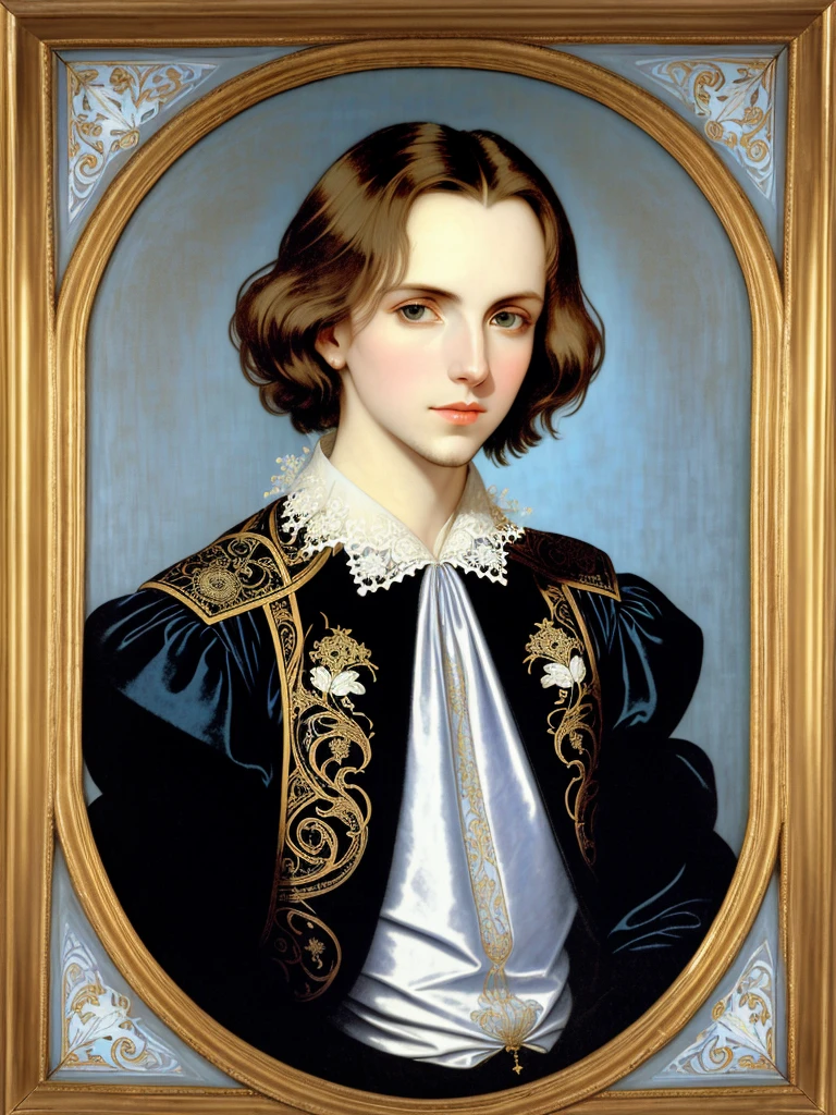 Portrait of Christopher Marlowe, white skin, piercing icy blue eyes, silky golden-brown hair, refined features, charp jawline, clean shaved, black Elizabethan velvet jerkin, embroidered velvet doublet, white laced shirt, art deco style, Alphonse Mucha style, high quality