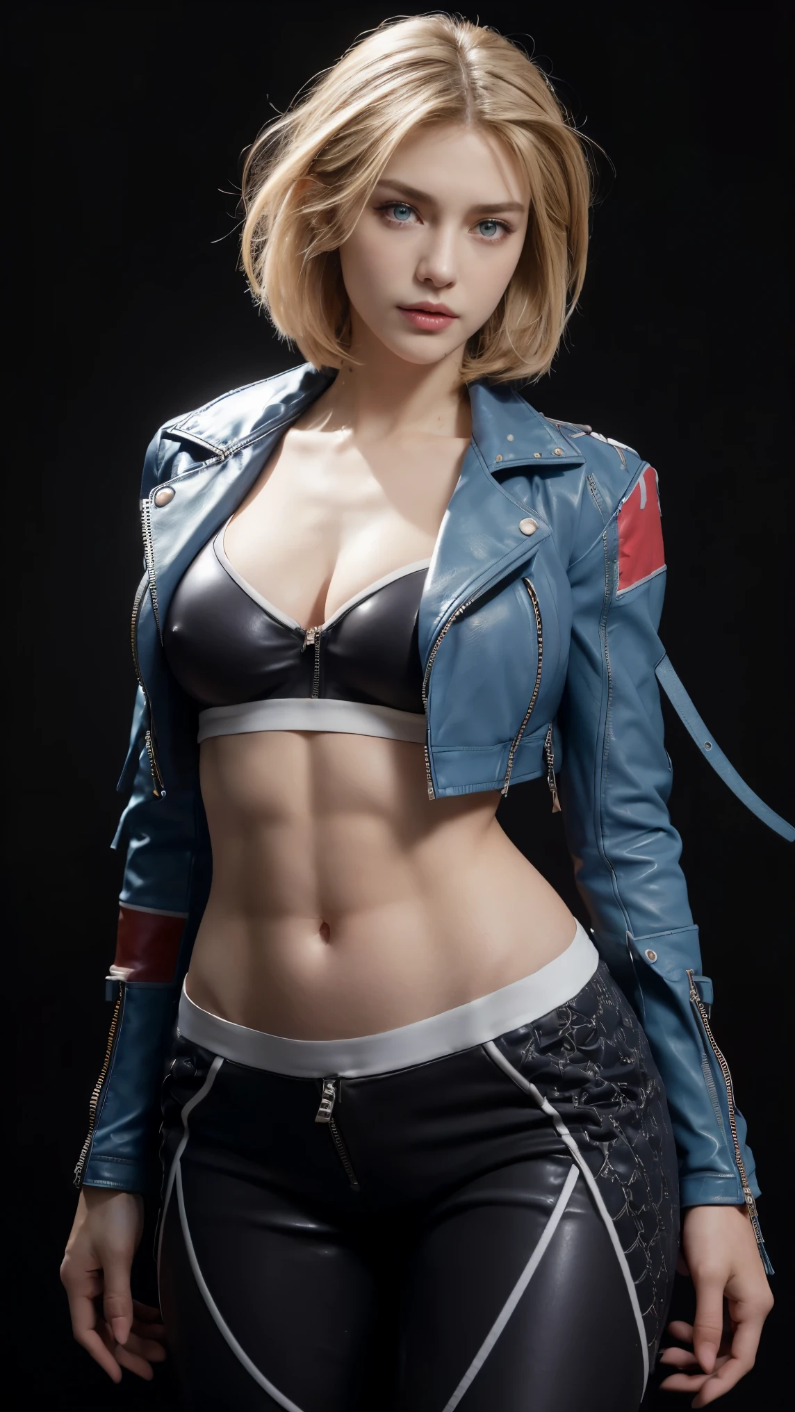 8K, Top Quality, Intricate Details, Ultra Detail, Ultra High Resolution, Masterpiece, close up shot, (full body: 1.1), (()), Slender, Smile, (Makeup: 0.4), ), (Fluffy Eyes: 1.21), (((()))), 1girl, solo, 1 girl, (( cammy white, blonde hair, bangs, short hair, blue eyes, antena hair, abs, scar on cheeks)), close up shot, , ((tall)), (((fit body))), (((slim face))), sharp face, ((, Leather jacket with zipper fully open, Super low rise pants:1.5, Pants that fit the hips:1.5,Low Waist Pants, Unzipping pants:1.6),(Open the bottom zipper:1.5), (pull your pants down a little))),  (detailed face), sharp face, small lips, (( walk pose, walking pose)), wind blow, strong wind, wind blow hair,
 (( )), , ((,)), detailed face, detailed breast, , ((large breast, huge breast, detailed breast nipple)), detail ass, Narrow Waist, Skinny, slim tall , 195 cm tall, Muscular, Navel, Exposed Abdomen, Pointed Chest,, Beautiful girl with accentuated slender abs: 1.4, Six Pack Abs: 1.4, Bust Botox, Big, Perfect Body, detail leg, (( dark background)), black background,