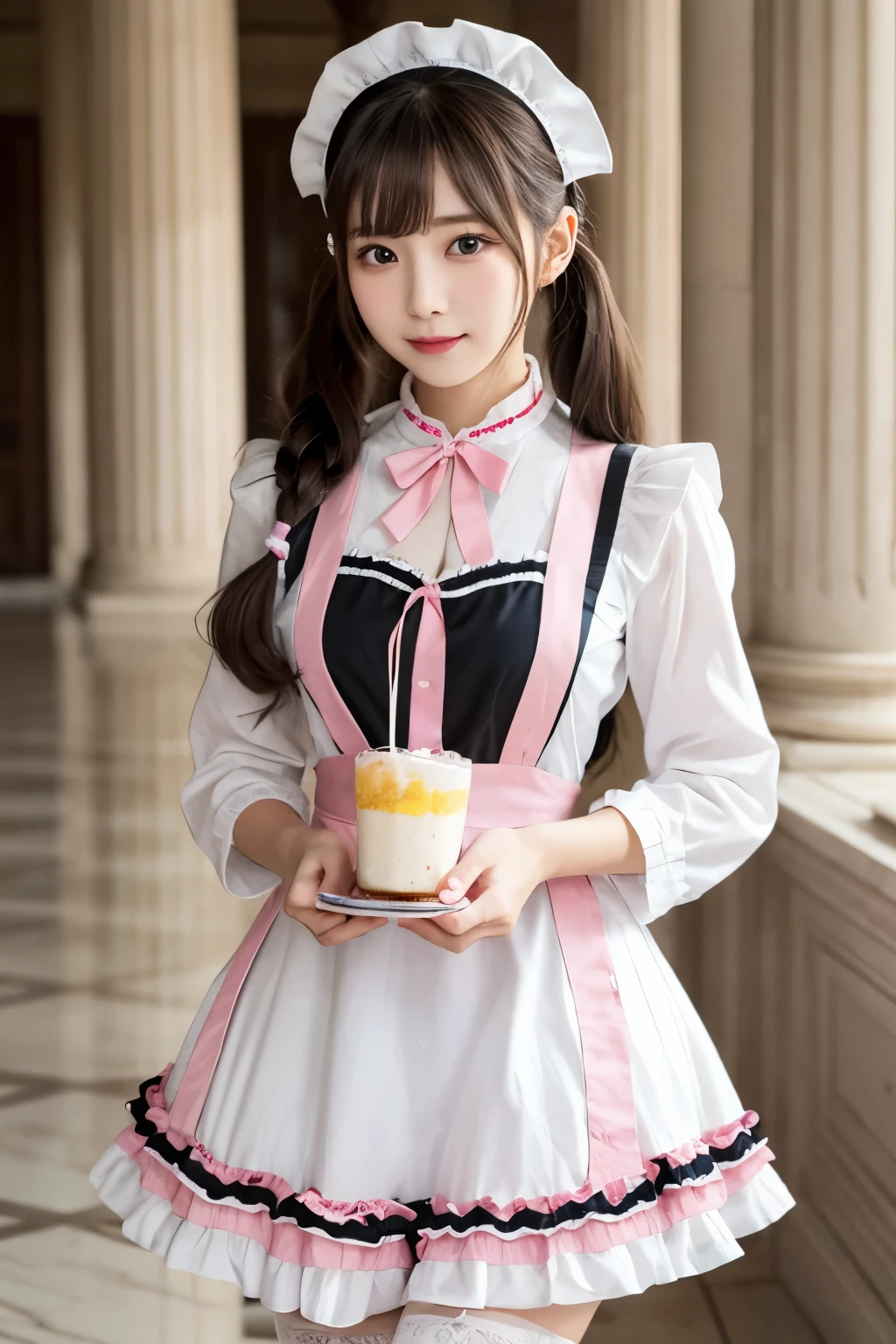 Detailed image of a young female character standing in a grand hall lined with marble columns。A young female character is standing wearing a maid costume.、In her right hand she is holding a tray of parfait desserts.。Her hair is long、It is brown and styled in twin tails.、It has pink highlights。She is wearing a black and white maid outfit.、She has a frilly apron and a big pink ribbon tied around her neck.。her expression is neutral、I think there's a bit of curiosity.。The eyes are a soft pink color。She is wearing a black maid's cap、The apron has a small heart-shaped decoration。Parfait with strawberries、Whipped cream、Topped with chocolate sauce、It looks colorful and appetizing.。The background is solid white、The character and her outfit are highlighted。The lighting is uniform、There is almost no shadow、It shows the character and the dessert she is holding in clear detail.。
