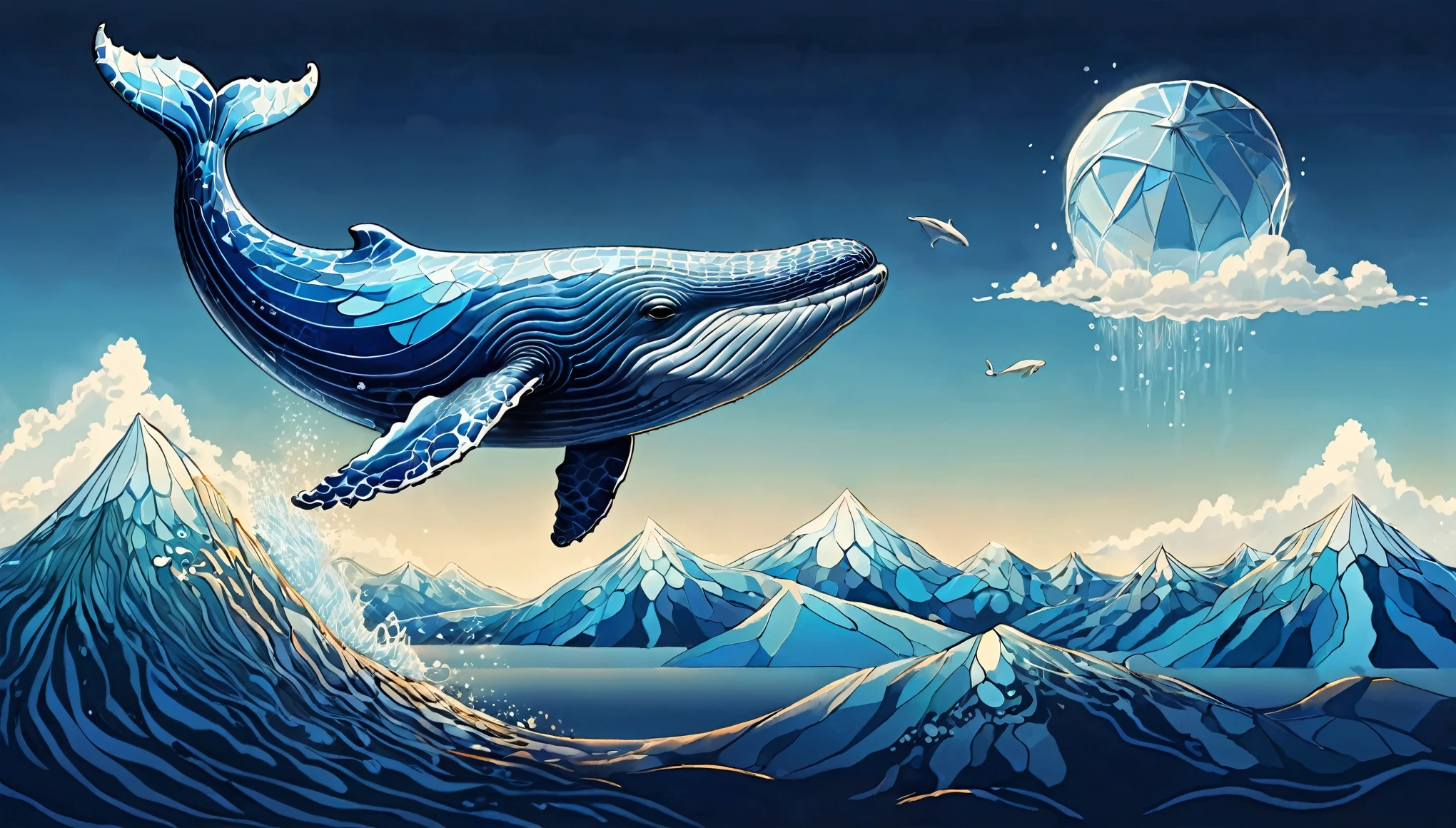 Illustration of Flying Whale, fantasy, whale flying high in the sky, blue theme, flying with fins spread, whale drawn in navy blue lines, blue sky, whale's shiny skin reflecting light, every detail drawn, flying fast, magnificent mountain Flying over a zone