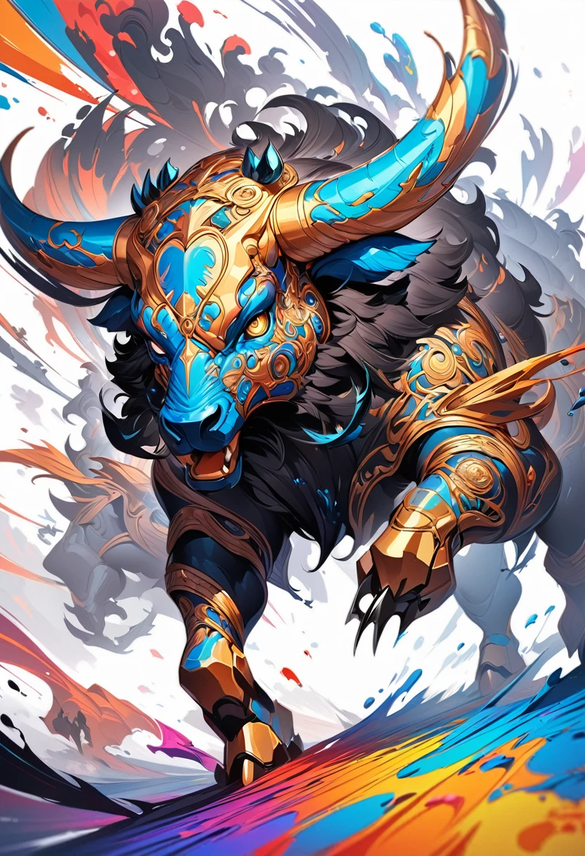 Ink Art, Bull head, ((White background)), Sharp eyes, Epic Instagram, Art Station, Colorful paint splash style, contour, Extremely detailed and complex , Unreal Engine, Amazing, Intricate details, Startup Screen, Complementary colors, Fantasy concept art, 8K resolution, deviantart masterpiece, painting, Heavy Attack, Paint dripping, Ink Art