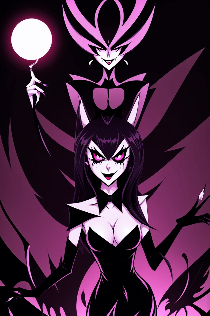 Demon whose drawing style is hazbin hotel or helluva boss. mirror demon, whose ability is to occupy the powers of others or copy someone's appearance. let it be a man, Delgado, yes he has hair, let it be curly