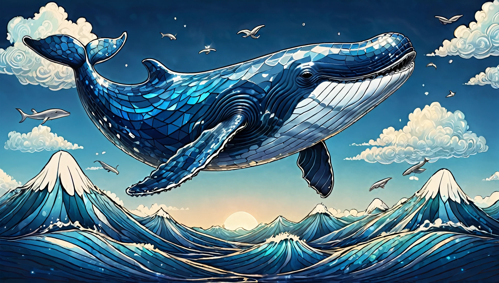 Illustration of Flying Whale, fantasy, whale flying high in the sky, blue theme, flying with fins spread, whale drawn in navy blue lines, blue sky, whale's shiny skin reflecting light, every detail drawn, flying fast, magnificent mountain Flying over a zone