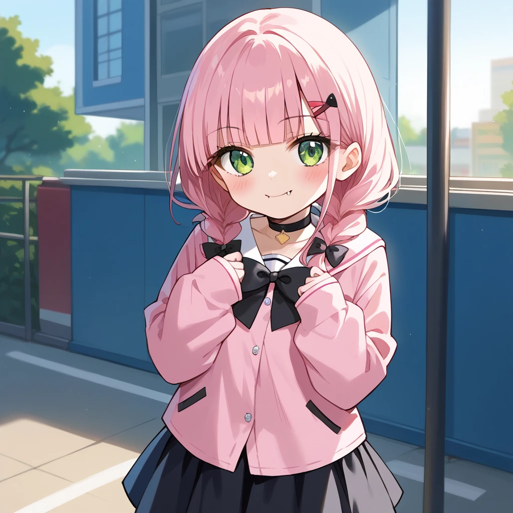 score_9, score_8_up, score_7_up, score_6_up, score_5_up, score_4_up, source_anime, clip skip：2,
,Top quality, masterpiece, chibi character, peal purple and blunt bangs hair, twin braids, green eyes, blushing,fangs,(a girl with closs hair pin,
pink shirt,cosplay, jirai kei, bangs, black skirt, black bow, looking at viewer, bow, long sleeves, choker, ribbon,fullbody shot :1.4),sunset,