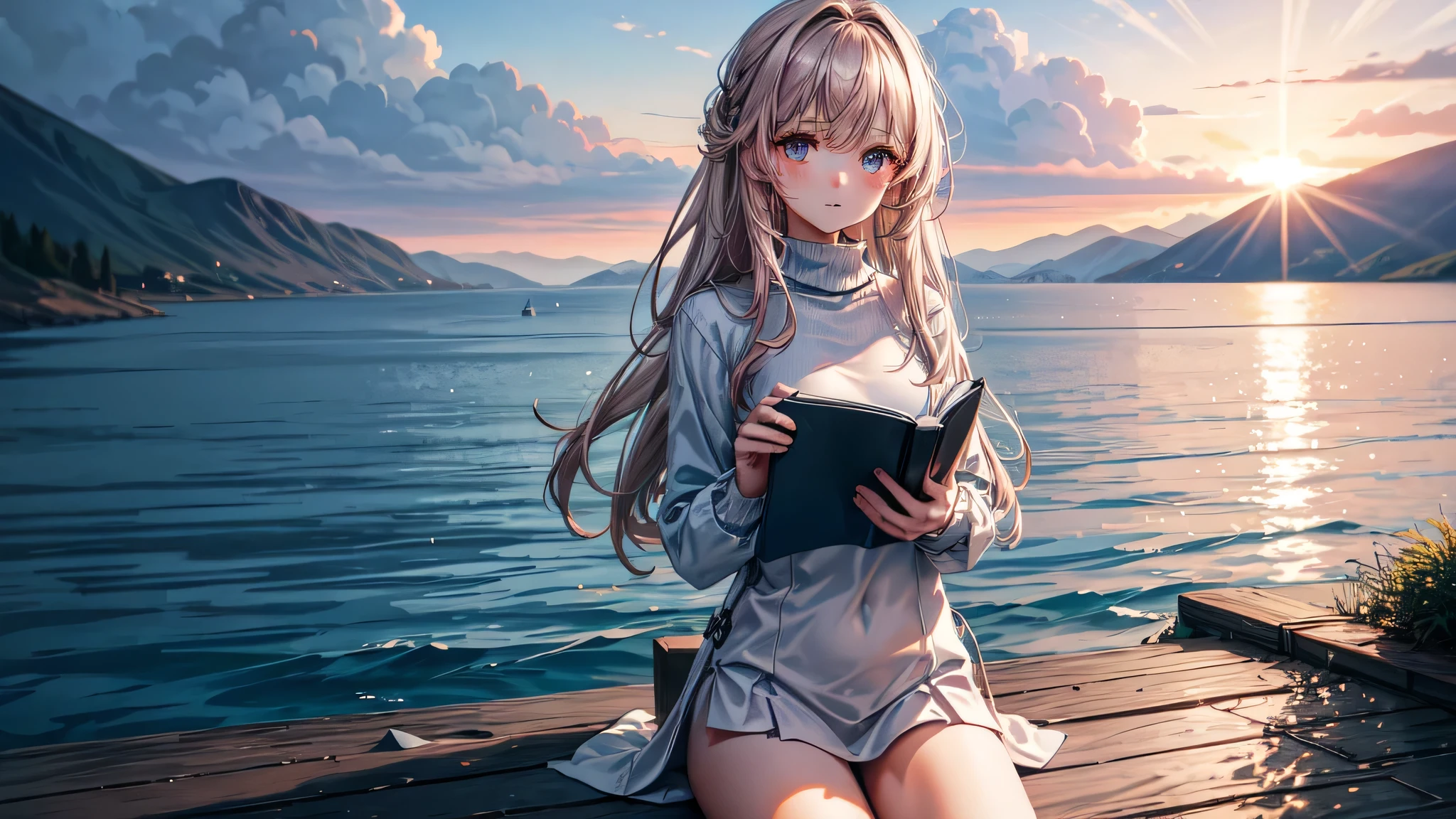 One Girl, Calm expression, Attractive eyes, length, Pale pink straight hair, Sky blue turtleneck swimsuit, Calm posture, Porcelain-like skin, A faint blush,  (Edge lighting): 1.2, Warm tones, Sunburst, Soft Shadows, Bright colors, Picture Effects, Dream-like atmosphere BREAK Beautiful lake, Distant Mountain々, salsa, Calm sea, reflection, Sunlit clouds, Quiet atmosphere, Beautiful sunset, Very detailed, Official Art, unity wallpaper 8k, Tangled, Mandala,Reading a book