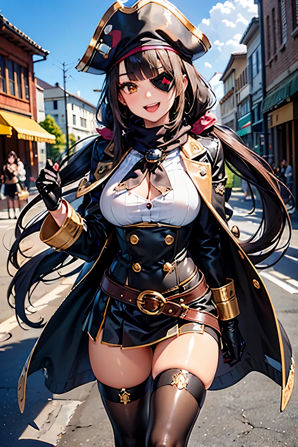best quality, (masterpiece:1.3), absurdres, highres,16k, ultra high res, official art, illustration,extremely detailed, 1girl, solo, full body, 20yo,
delicate lines tailed face, (long hair:1.5), ((low:1.8) twintails), (blunt bangs:1.5), (beautiful black hair:1.2), (shiny hair:1.2), (beautiful brown eyes:1.2), (shiny eyes:1.2), (medium breasts), (gleaming skin:1.4),
standing, laugh with open mouth,
((black) pirate costume:1.2), (eyepatch:1.2), (coat), (skirt), (pirate hat),
(leather gloves), (gold belt), (white scarf), (diamond brooch), (thighhighs),
