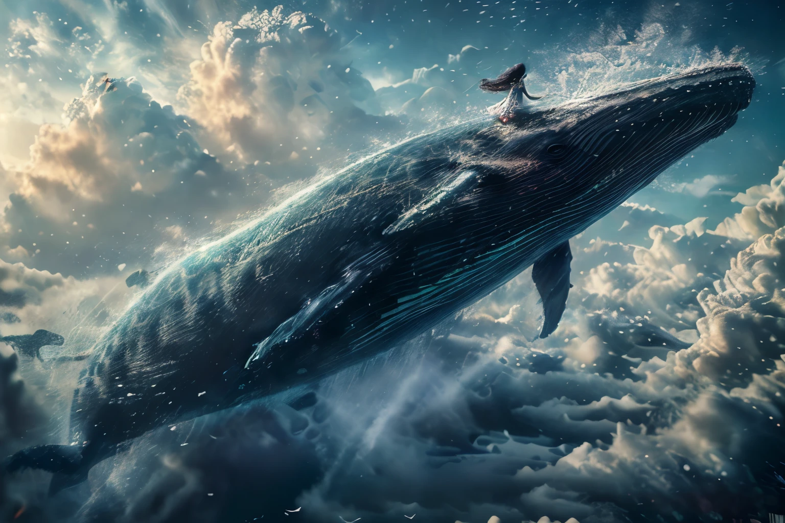 One girl、Giant flying whale、Above Manhattan、超Real、Super detailed、Cinematic lighting、Dramatic Sky、Shining Moon、Cloud Waves、Photorealistic、8k、Super detailed、Very detailed、masterpiece、(Highest quality、4K、8k、High resolution、masterpiece:1.2)、Super detailed、(Real、Photorealistic、Photorealistic:1.37)、HDR、uhd、Studio Lighting、Ultra-fine painting、Sharp focus、Physically Based Rendering、Very detailedな説明、professional、Bright colors、Bokeh、photograph、xuer Big whale