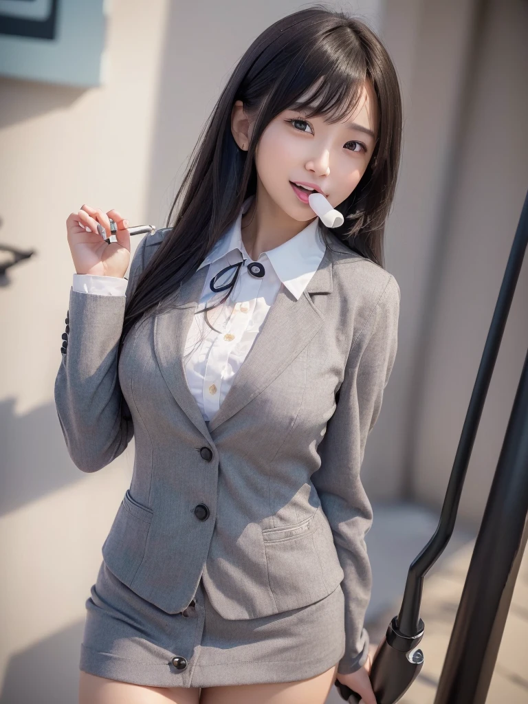 Highest quality、masterpiece、8k、Very detailed、Realistic、(One girl)、(Looking at me with a smile:1.5)、whole body、(Black Hair)、Small face、(Slender:1.2)、(Big Breasts:1.2)、(White business shirt with buttons and a collar:1.2)、(short tight skirt in gray,:1.2)、(Grey business jacket:1.2)、(Open your mouth wide and stick out your tongue:1.4)、(Make a ring with your hand around your mouth:1.4)、(Hold a rod-shaped object in your mouth:1.4)