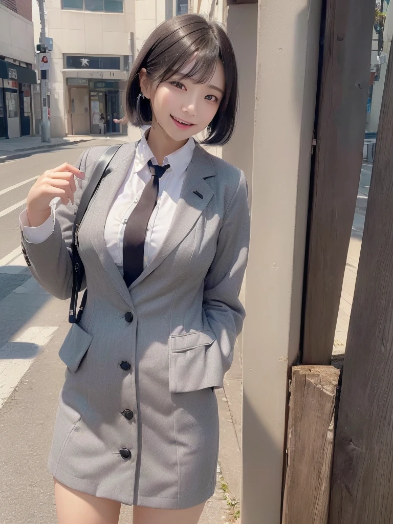 Highest quality、masterpiece、8k、Very detailed、Realistic、(One girl)、(Looking at me with a smile:1.5)、whole body、(Black Hair)、Small face、(Slender:1.2)、(Big Breasts:1.2)、(White business shirt with buttons and a collar:1.2)、(short tight skirt in gray,:1.2)、(Grey business jacket:1.2)、(Open your mouth wide and stick out your tongue:1.4)、(Make a ring with your hand around your mouth:1.4)、(Hold a rod-shaped object in your mouth:1.4)