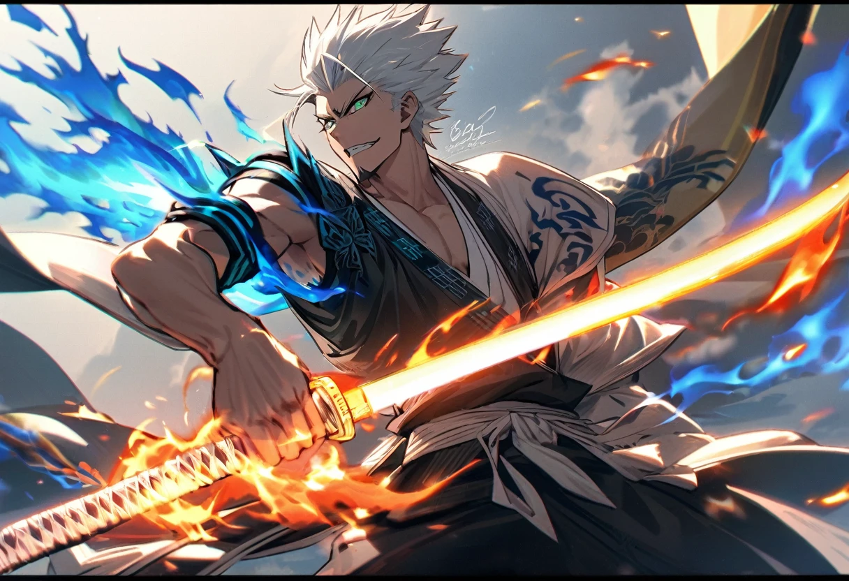 1 young boy, details Intricate, 1 men, bonitas, spiky white hair, vibrant green eyes, slim muscles, アニメ, 19yearsold, 19 years, a small goatee, kimono de Shinigami, Shinigami, bleach, Tank top, kimono, bleach, katana ( uma katana afiada e longa coberta por Blue flames) , blue flames, Blue flames, katana longa, powerful katana (attacking enemies with your katana making cuts with your flames, Breath of the Sun), badass.
