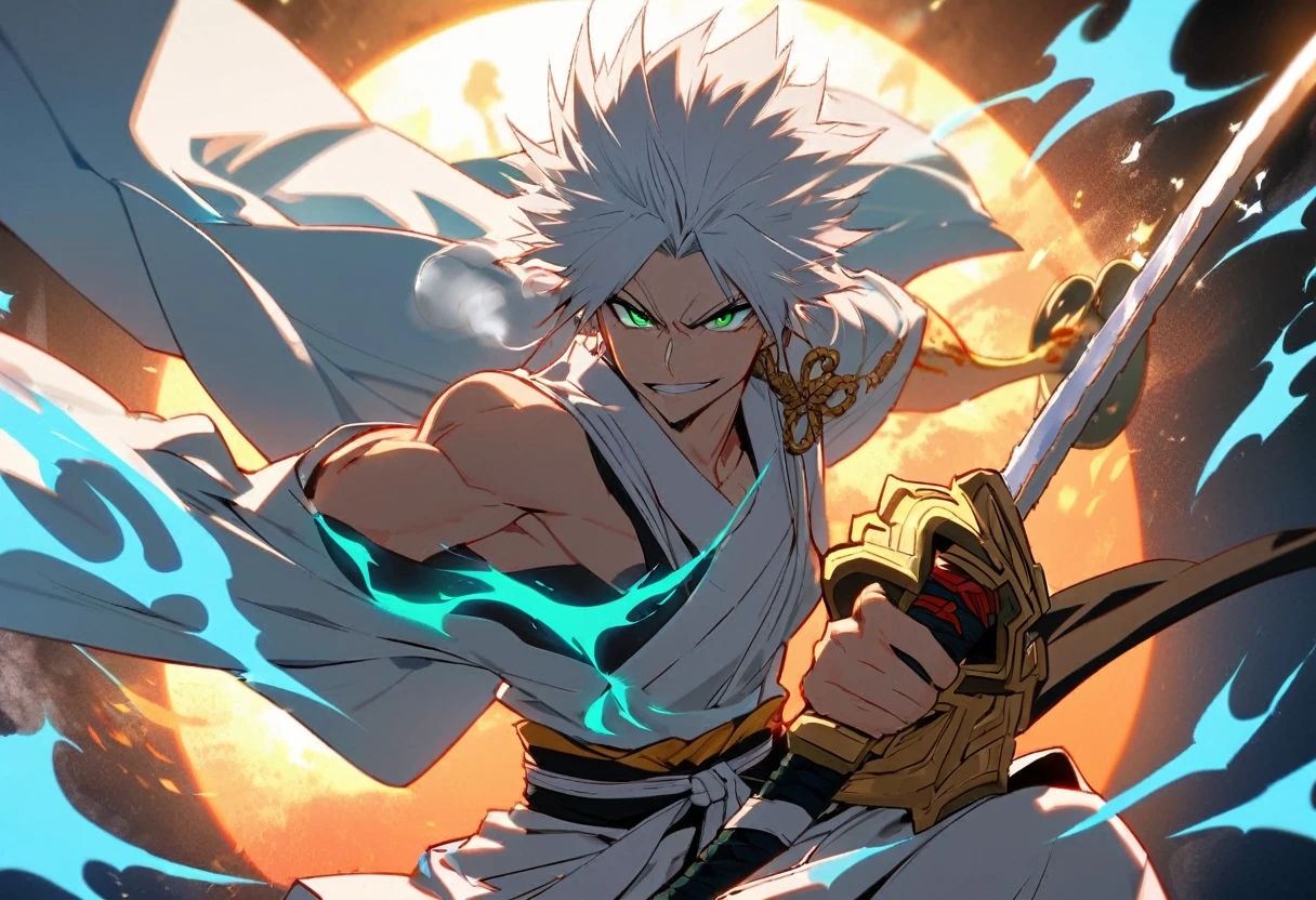 1 young boy, details Intricate, 1 men, bonitas, spiky white hair, vibrant green eyes, slim muscles, アニメ, 19yearsold, 19 years, a small goatee, kimono de Shinigami, Shinigami, bleach, Tank top, kimono, bleach, katana ( uma katana afiada e longa coberta por Blue flames) , blue flames, Blue flames, katana longa, powerful katana (attacking enemies with your katana making cuts with your flames, Breath of the Sun), badass.