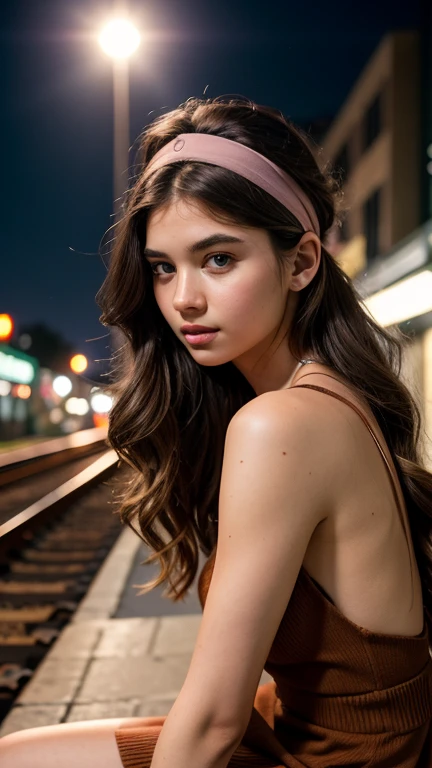 Masterpiece, 20 year old woman, full body, he highest quality, big pink eyes,proportionate lips, Colorful cinematic lighting, brown Cashmere Dress bare shoulders, with overflow [green|rose] long wavy hair, (wearing a black headband), (Perfect face:1.1), sitting Train tracks, at night, moon, moonlight, romantic, HDR, Very detailed, 8k, Hyper realistic, shot at eye level, Cinestill 800