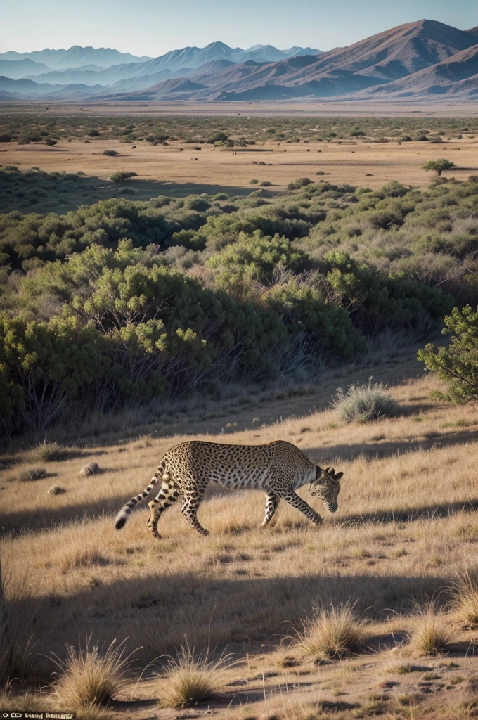 Create a realistic image of a leopard in its natural habitat. The leopard should be portrayed in a stealthy pose, highlighting its lithe body and distinctive rosette pattern. The setting should be a diverse African landscape, blending dense bushland with open savanna. Include elements like scattered acacia trees, rocky outcrops, and patches of tall grass. The lighting should suggest early morning or late afternoon, casting warm, golden hues across the scene and creating long shadows. Incorporate details such as a clear sky with scattered clouds, distant hills or mountains, and the subtle presence of other wildlife like grazing antelopes or birds of prey.