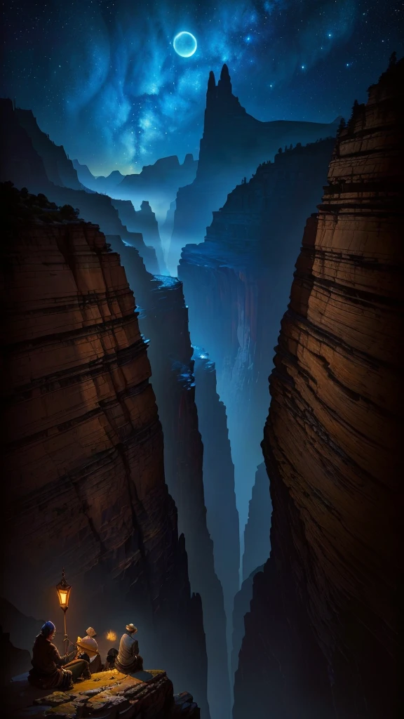 There is a painting,The painting shows a group of people sitting on a rock, Bastien Grieve, beeple 和 Jean Giraud, james gurney 和 andreas rocha, 8K matte, 8K matte, canyon background, Max Reeve, andreas rocha 和 john howe, The most magnificent scenery, ryan dyar, canyon, Mark Adams