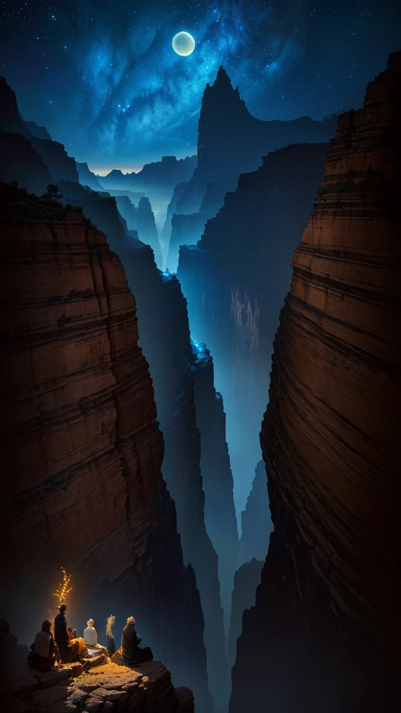 There is a painting,The painting shows a group of people sitting on a rock, Bastien Grieve, beeple 和 Jean Giraud, james gurney 和 andreas rocha, 8K matte, 8K matte, canyon background, Max Reeve, andreas rocha 和 john howe, The most magnificent scenery, ryan dyar, canyon, Mark Adams