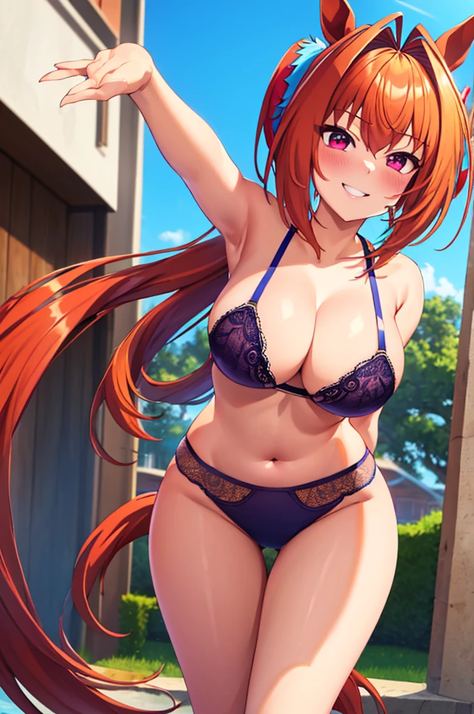 Daiwa Scarlet\(umamusume\), Highly detailed face, masterpiece, Highest quality, A light smile, blush, wave hands, ((Highly detailed face)), whole body, (((White))),Horse tail, A light smile, Beautiful and clear eyes, (panties), (bra), (In underwear), (Flashy underwear), (lingerie), Big Breasts