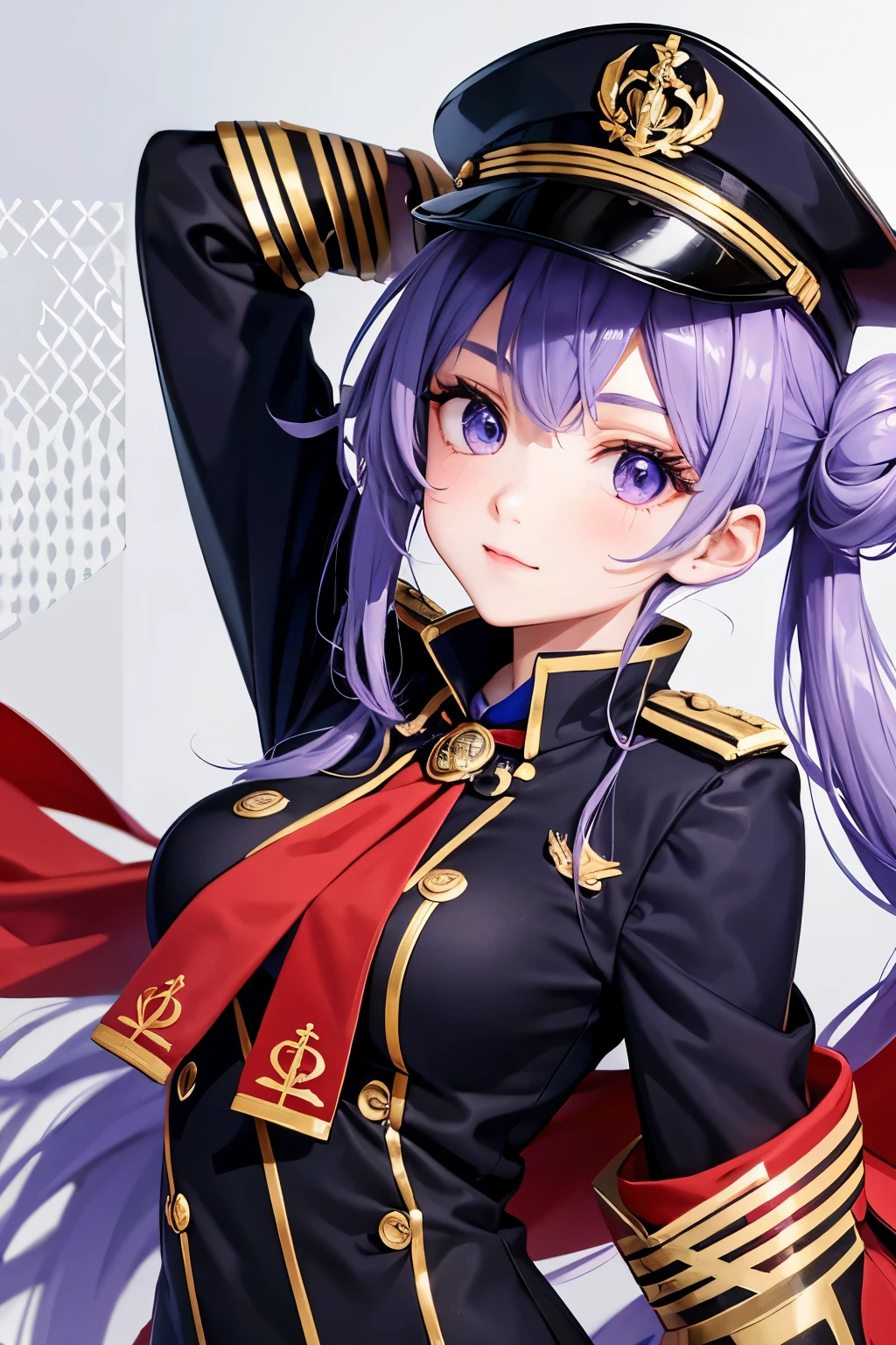 **A cute anime girl with brown twin-tailed bun hair is wearing an elegant navy uniform and saluting the viewer with one hand in Genshin style. On her head she has a cool military cap. The background of the illustration is a ship. Her eyes are bright red and she wears a purple cape over her outfit. There is also a Dior-style gold decoration around her collar. --s 50 --style raw** - (relaxed)