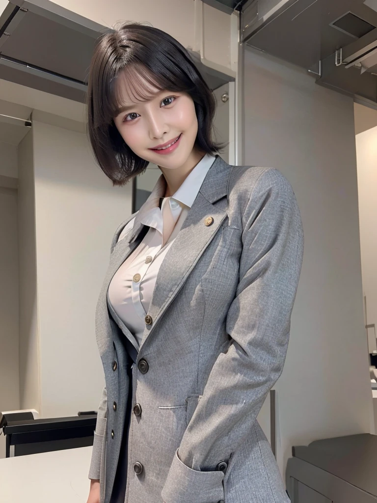 Highest quality、masterpiece、8k、Very detailed、Realistic、(One girl)、(Looking at me with a smile:1.5)、whole body、(Black Hair)、Short Hair、Small face、(Slender:1.2)、(Big Breasts:1.2)、(White business shirt with buttons and a collar:1.2)、(short tight skirt in gray,:1.2)、(Grey business jacket:1.2)