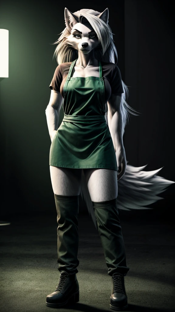 Loona from Helluva Boss, female wolf, white soft hair, grey eyes, mature adult, tall, wearing green shirt, dark green pants, black shoes, along with a green apron, she is a serial killer, omnious, dark lighting, standing, solo, beautiful, high quality, 4K