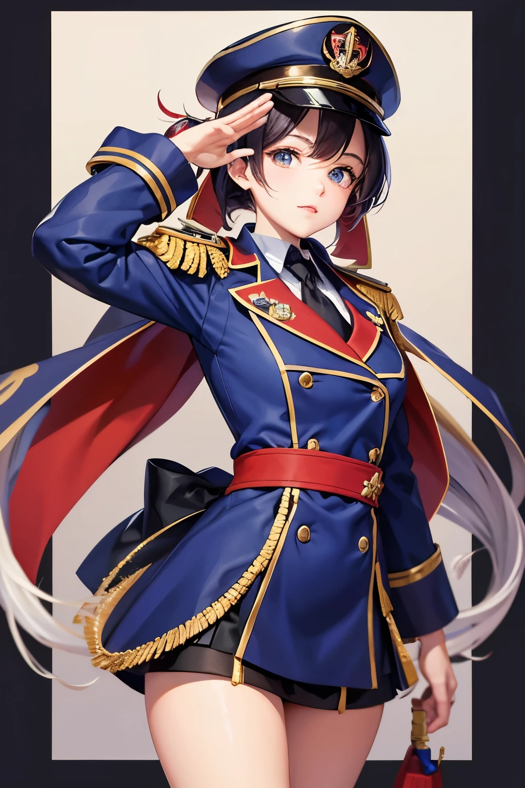 **A cute anime girl with brown twin-tailed bun hair is wearing an elegant navy uniform and saluting the viewer with one hand in Genshin style. On her head she has a cool military cap. The background of the illustration is a ship. Her eyes are bright red and she wears a purple cape over her outfit. There is also a Dior-style gold decoration around her collar. --s 50 --style raw** - (relaxed)