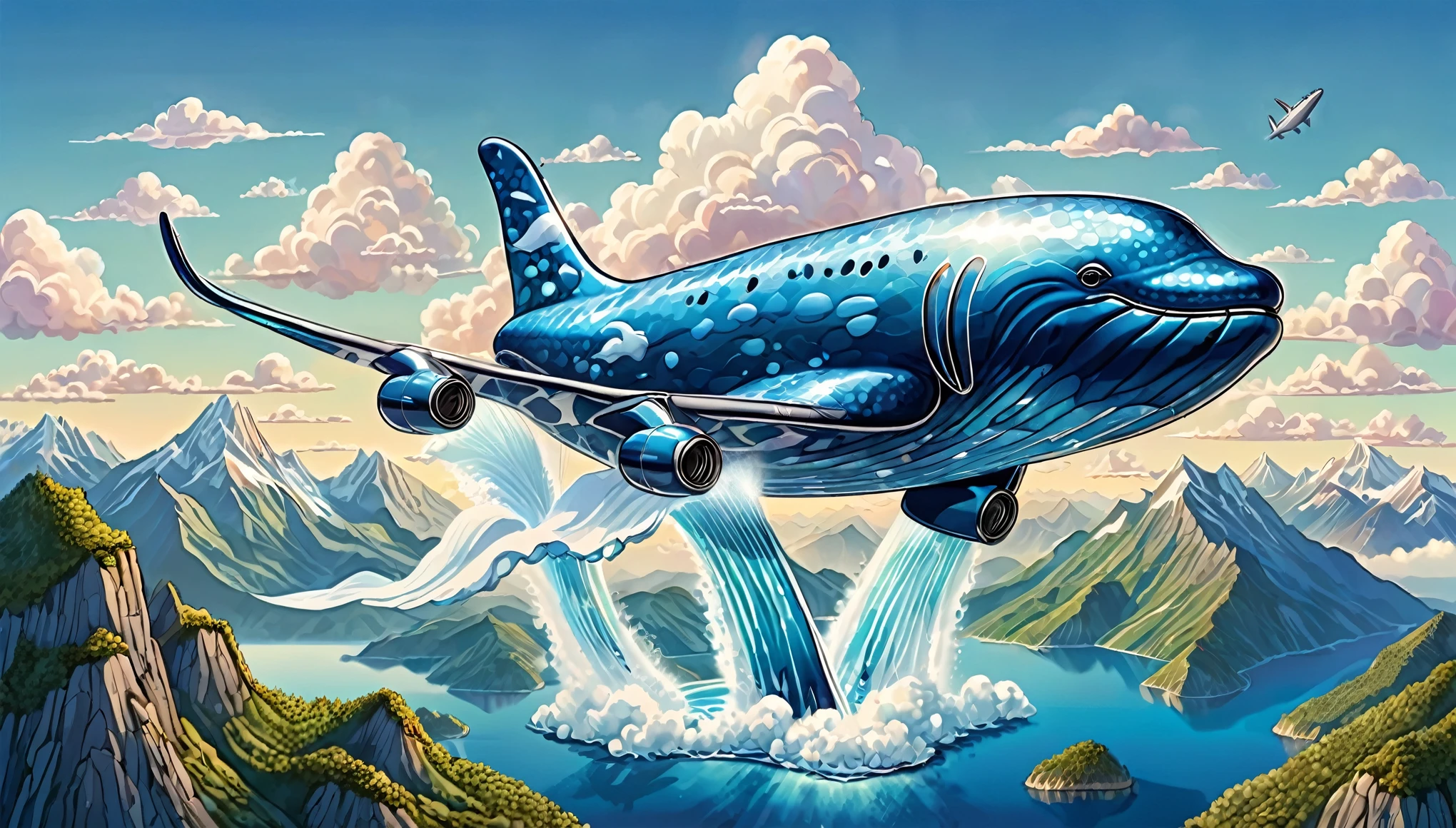 Illustration of Flying Whale, fantasy, large whale-shaped jumbo jet, flying with jetted fins spread out, blue sky and cartoon fluffy clouds, whale's shiny skin reflecting light, detailed in every corner, flying over spectacular mountainous terrain.