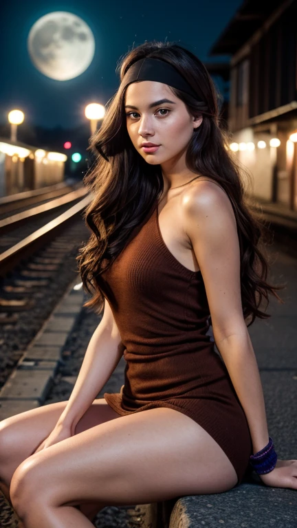 Masterpiece, 20 year old woman, full body, he highest quality, big pink eyes,proportionate lips, Colorful cinematic lighting, purpple Cashmere Dress bare shoulders, with overflow [purpple] long wavy hair, ponytail, (wearing a headband and scarf), (Perfect face:1.1), mist,sitting Train tracks, at night, moon, moonlight, romantic, HDR, Very detailed, 8k, Hyper realistic, shot at eye level, Cinestill 800