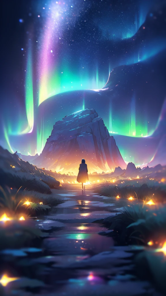 ((masterpiece))、((Highest quality))、((Realistic feel))、((landscape))、((A starry path leading to the starry sky:1.6))、Tilt Up、パステルトーンで染まったlandscape、Pitch Black、landscapeが揺れる、My mind wanderoonlight shines、Immersion、Cool blue shade、1By people、The sky is high、Aurora Color Spectrum、Scheimpflug、Dim and dim、High Contrast、Super beautiful graphics