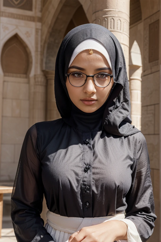1girl, Single, Beautiful Face, عيون Realistic مفصلة عالية, Double eyelid, Realistic pupils in high detail, (On the body from head to waist:1.36), (Wear:1.37), (Islamic Hijab:1.37), Reading glasses, الجلوس Singleا على كرسي طويل, Amazing mosque garden wallpaper, the crown, Best quality, Masterpiece, High accuracy, Black and white Muslim women's dress, Beautiful Face, (On the body from head to waist:1.35), Tyndall effect, Realistic, Dark studio, Two-tone lighting, 8 k uhd, dslr, Soft lighting, High quality, Volumetric lighting, Clear., pic, High accuracy, 4K, 8 k, sad, (فتاة Realistic للغاية), (clarification), (High accuracy), (Very detailed), (best clarification), (beautiful Detailed eyes), (Best quality), (Very detailed), (Masterpiece), (Wall paper), (Realistic), (Natural light), (Edge lighting), (Detailed face), (Highly detailed realistic face texture), (Anatomically correct), (Contrasting eyes), (Detailed eyes), (Radiant eye), (Dynamic mode), (Cover your hair completely with a hijab:1.35), Looking at the viewer