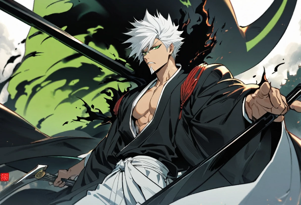 1 young boy, male focus, details Intricate, 1 men, bonitas, White hair, vibrant green eyes, slim muscles, アニメ, 19yearsold, 19 years, a small goatee, kimono de Shinigami, Shinigami, bleach style, bleach, regatta, kimono, bleach, bleach style, sickle ( uma sickle de tamanho mediano poderosa e afiada), sickle (fazendo cortes com a sickle saindo chamas pretas) chamapretass,Black flames, (o personagem esta em pé fazendo ataques com sua sickle mediana, using blows of immense black flames), badasss .