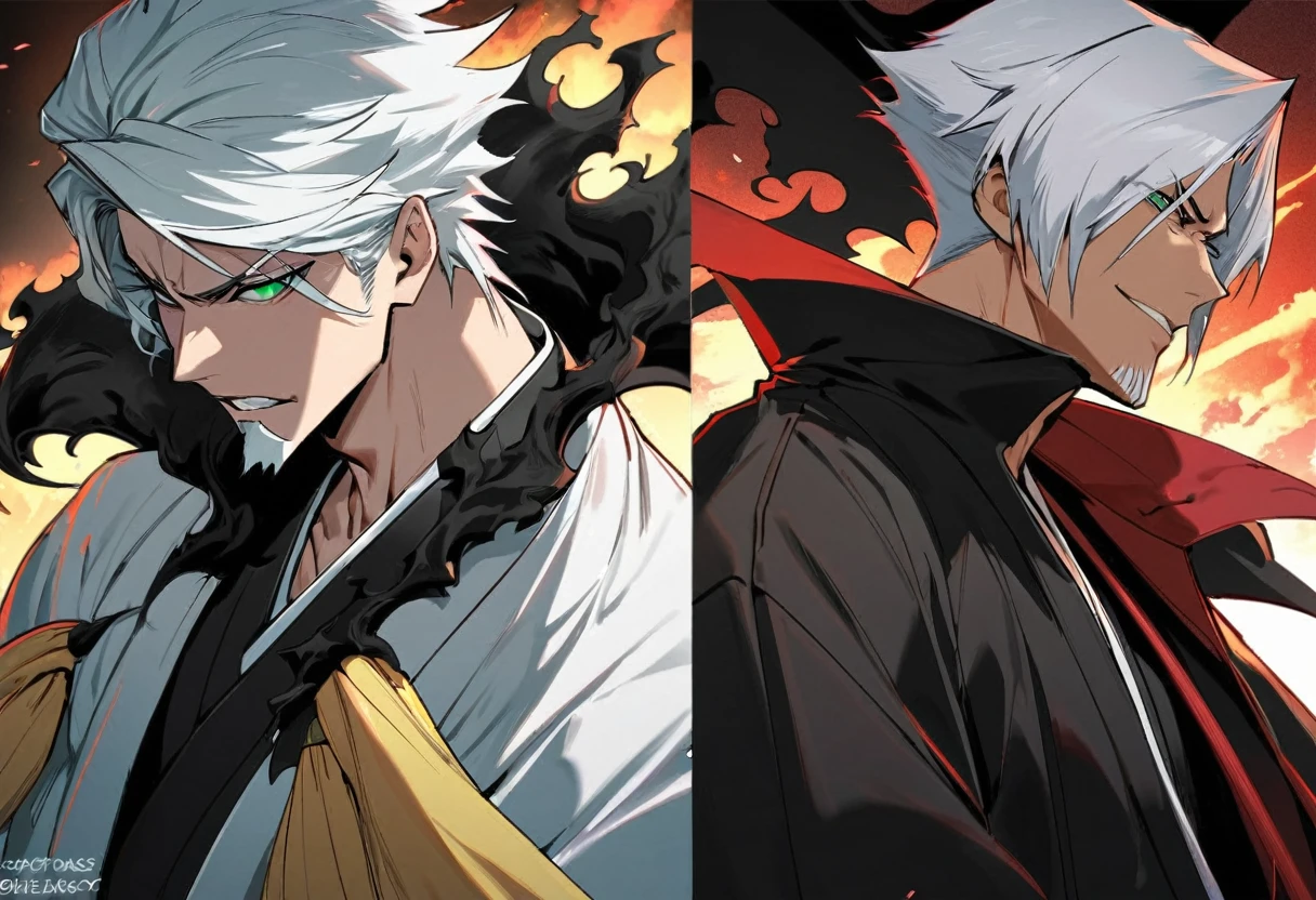 1 young boy, male focus, details Intricate, 1 men, bonitas, White hair, vibrant green eyes, slim muscles, アニメ, 19yearsold, 19 years, a small goatee, kimono de Shinigami, Shinigami, bleach style, bleach, regatta, kimono, bleach, bleach style, sickle ( uma sickle de tamanho mediano poderosa e afiada), sickle (fazendo cortes com a sickle saindo chamas pretas) chamapretass,Black flames, (o personagem esta em pé fazendo ataques com sua sickle mediana, using blows of immense black flames), badasss .