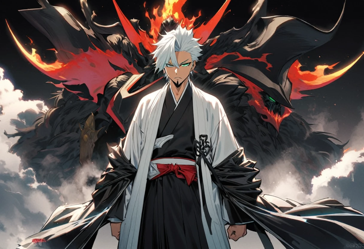 1 young boy, male focus, details Intricate, 1 men, bonitas, White hair, vibrant green eyes, slim muscles, アニメ, 19yearsold, 19 years, a small goatee, kimono de Shinigami, Shinigami, bleach style, bleach, regatta, kimono, bleach, bleach style, sickle ( uma sickle de tamanho mediano poderosa e afiada), sickle (fazendo cortes com a sickle saindo chamas pretas) chamapretass,Black flames, (o personagem esta em pé fazendo ataques com sua sickle mediana, using blows of immense black flames), badasss .
