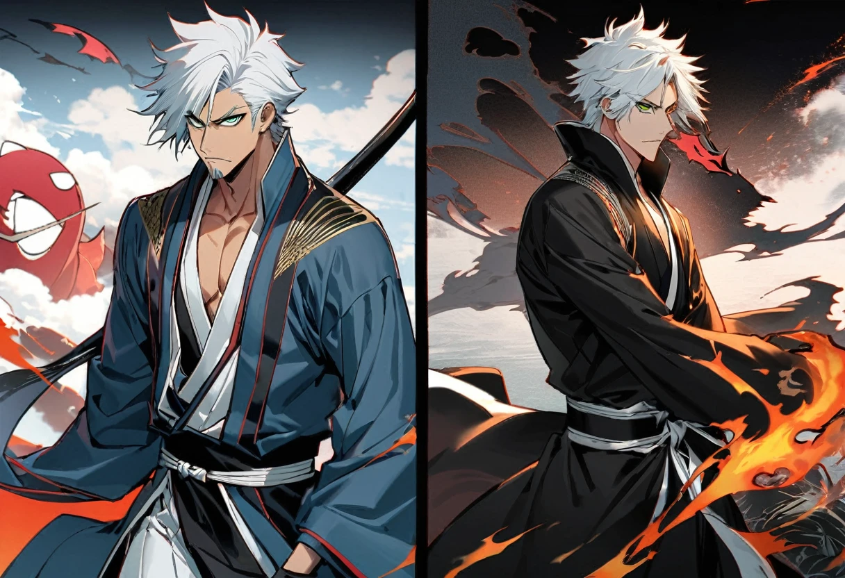 1 young boy, male focus, details Intricate, 1 men, bonitas, White hair, vibrant green eyes, slim muscles, アニメ, 19yearsold, 19 years, a small goatee, kimono de Shinigami, Shinigami, bleach style, bleach, regatta, kimono, bleach, bleach style, sickle ( uma sickle de tamanho mediano poderosa e afiada), sickle (fazendo cortes com a sickle saindo chamas pretas) chamapretass,Black flames, (o personagem esta em pé fazendo ataques com sua sickle mediana, using blows of immense black flames), badasss .
