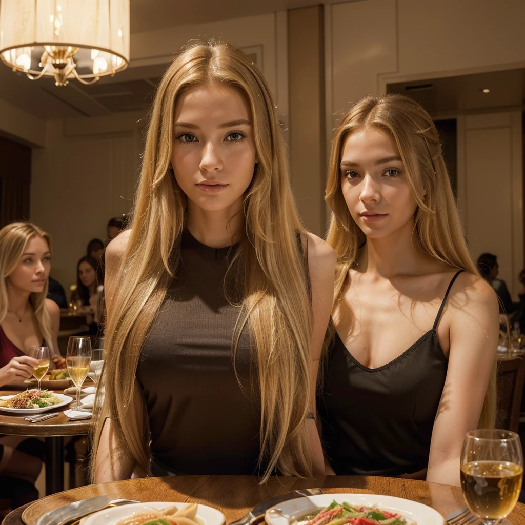 Vibrant and high-resolution portrait of a woman with impressive long blonde hair, straight stylized and falling right behind her shoulders. She has brown eyes. She is in a fancy restaurant, having lunch with some friends ((random characteristics of friends)) ((don't make friends with the same characteristic as her)) she has a unique beauty a calm and confident face, leave the image very realistic