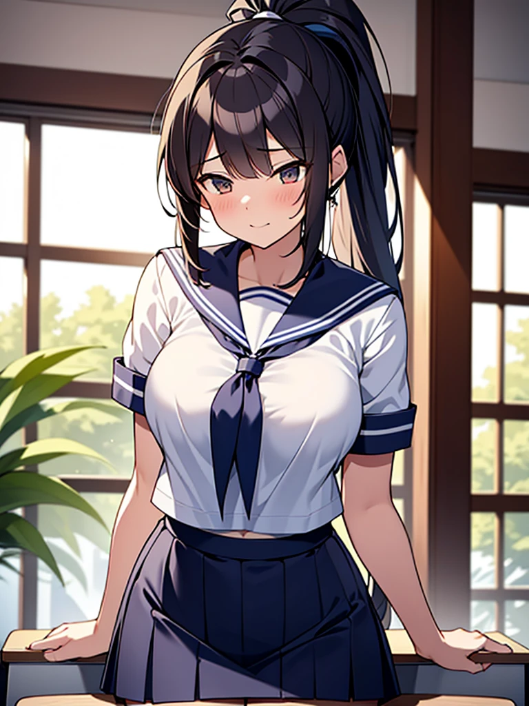 NSFW:1.9. Student council room: sex from behind:1.9 tall women:1.9 Penis inserted into pussy:1.9. Leaning face down on a conference room desk:1.9 Tall, well-built, adult woman, bottom view, white summer sailor uniform, navy blue skirt, short black hair, ponytail:1.9 Long hair Straight hair Hair tie Swept bangs to the side:1.9. Slanted eyes, brown eyes, tall, strong-willed, beautiful, large breasts, white underwear