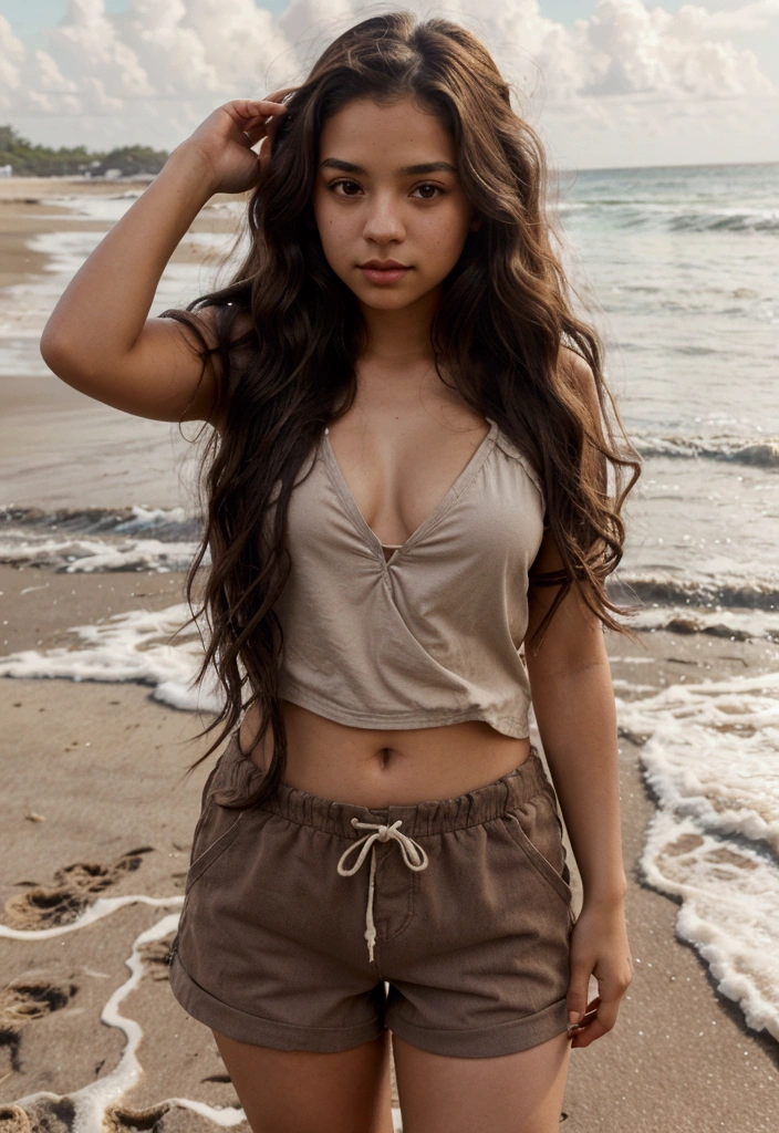 a young Latina, long dark wavy hair, light brown eyes, posing in loose clothing and shorts on the beach.