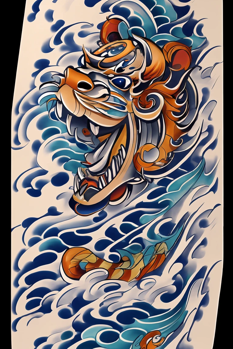 Calligraphy style, A Japanese tattoo, A traditional Japanese tattoo, Masterpiece, High quality, ultra details, A raging tiger with Japanese wave background, Upper arm tattoo,, Super detailed, professional design by tattoo artist, clouds with thunder effects, 