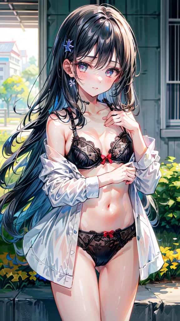 (Best quality, 8k, 32k, Masterpiece, UHD,:1.2),RAW, 1girl,ultra cute , natural lighting,transparent shining eyes, 20yo ,fair complexion, bra and panties, floral pattern, Cowboy Shot, standing, shiny, small breast, bright
