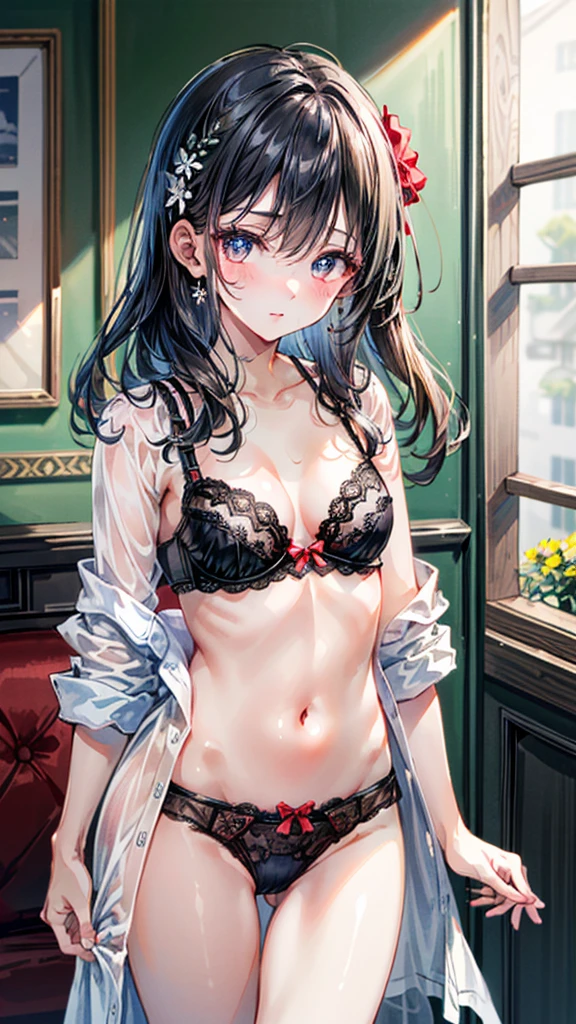 (Best quality, 8k, 32k, Masterpiece, UHD,:1.2),RAW, 1girl,ultra cute , natural lighting,transparent shining eyes, 20yo ,fair complexion, bra and panties, floral pattern, Cowboy Shot, standing, shiny, small breast, bright