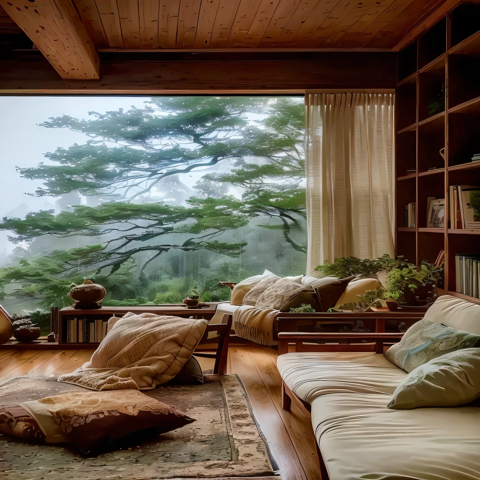 arafed living room with a large window and a view of the trees, cozy place, cozy and peaceful atmosphere, relaxing environment, inside on a rainy day, quiet and serene atmosphere, soothing and cozy landscape, serene and peaceful style, cozy and calm, reading nook, cozy environment, rainy afternoon, relaxing mood, peaceful and serene, relaxing atmosphere, cozy setting