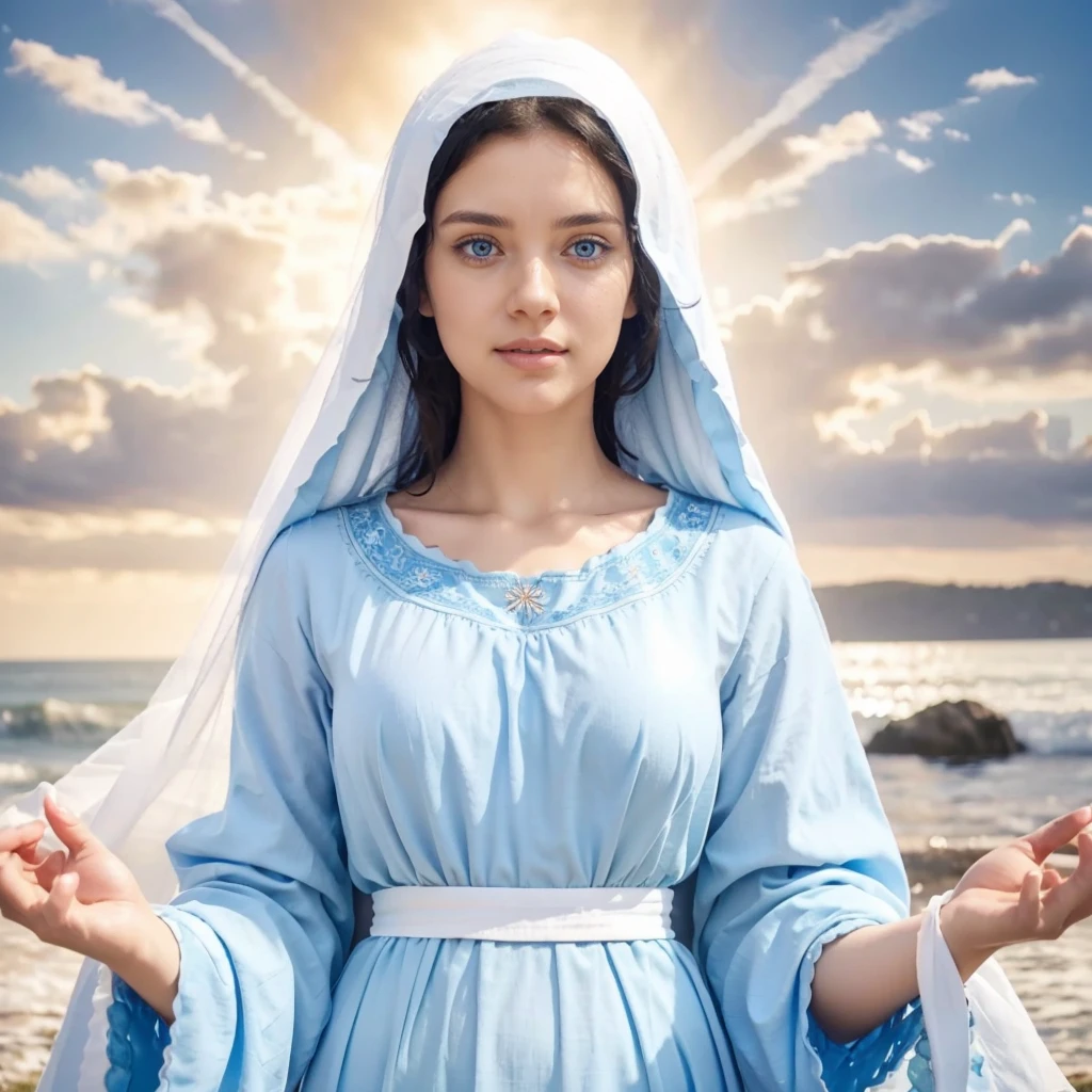 Beautiful woman with open arms, detailed light blue eyes, Curly black hair. wearing a blue tunic with wide, long sleeves adjusted at the waist by an interlaced white sash