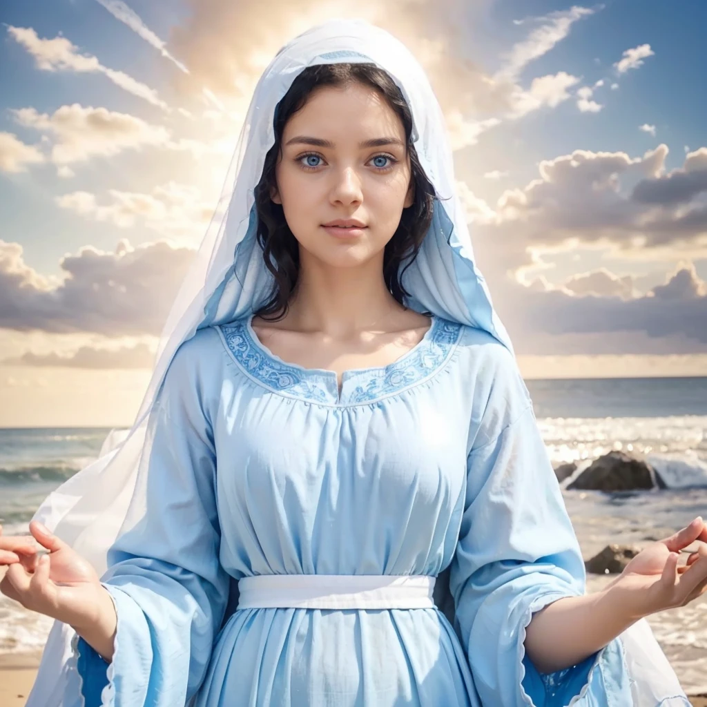 Beautiful woman with open arms, detailed light blue eyes, Curly black hair. wearing a blue tunic with wide, long sleeves adjusted at the waist by an interlaced white sash