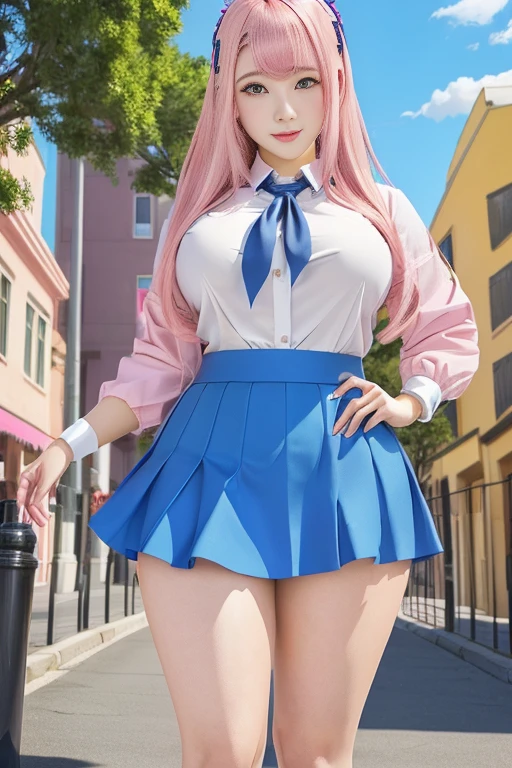 Anime girl with pink hair and blue skirt posing in front of a building, , thick, hyperRealistic , a hyperRealistic , Enchanting anime girl, tits, [ 4k digital art ]!!, tits proportions, Beautiful anime school girl, Smooth anime CG art, Big thighs, Realistic , Detailed digital anime art