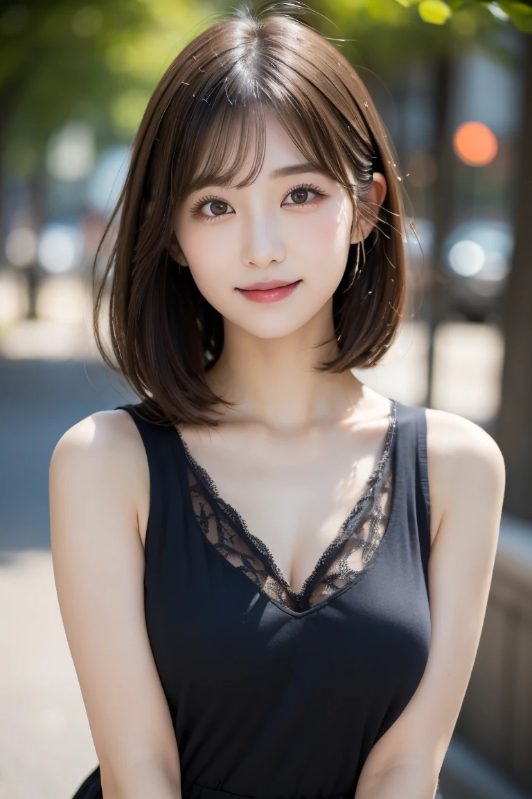 Create an image of a young woman named Iroha, focusing on her slender and beautiful upper arms. Iroha is 23 years old with shoulder-length hair that has soft curls, resembling Satomi Ishihara, giving her a cute and approachable look. She has a healthy and fit body with a natural glow to her skin. Her appearance is both cute and modest, with a hint of seductive charm.

In this image, Iroha is wearing a sleeveless white blouse with delicate lace trim, highlighting her slender upper arms. She is posing gracefully, perhaps with one arm raised slightly to brush back her hair, which showcases the smooth and toned skin of her upper arm. Her large, inviting eyes and warm smile reflect her cheerful and bubbly personality. The overall look is a mix of adorable and elegant, with a touch of demure charm.

The background should be a simple, light-colored setting that keeps the focus on Iroha and her elegant pose. The lighting should accentuate the natural glow of her skin and the delicate features of her upper arms. Capture the essence of her youthful beauty and the graceful elegance of her slender arms in this detailed image.