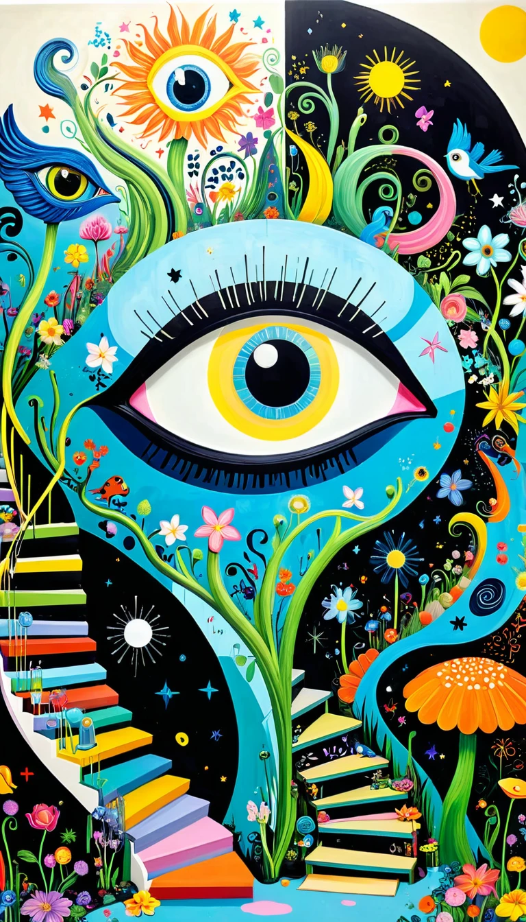 Children's graffiti,Thick coating，Concave and convex texture，Oil pastel strokes：Colorful black，Dopamine color matching，爱吃fish的猫、flowesh、spiral staircase、Tentacles、bird、(((Eye)))、diatom，Abstract mosaic painting，Describing the inner world of autistic people，Sense of space，White Space，interesting，Innocence，Psychedelic Art，
