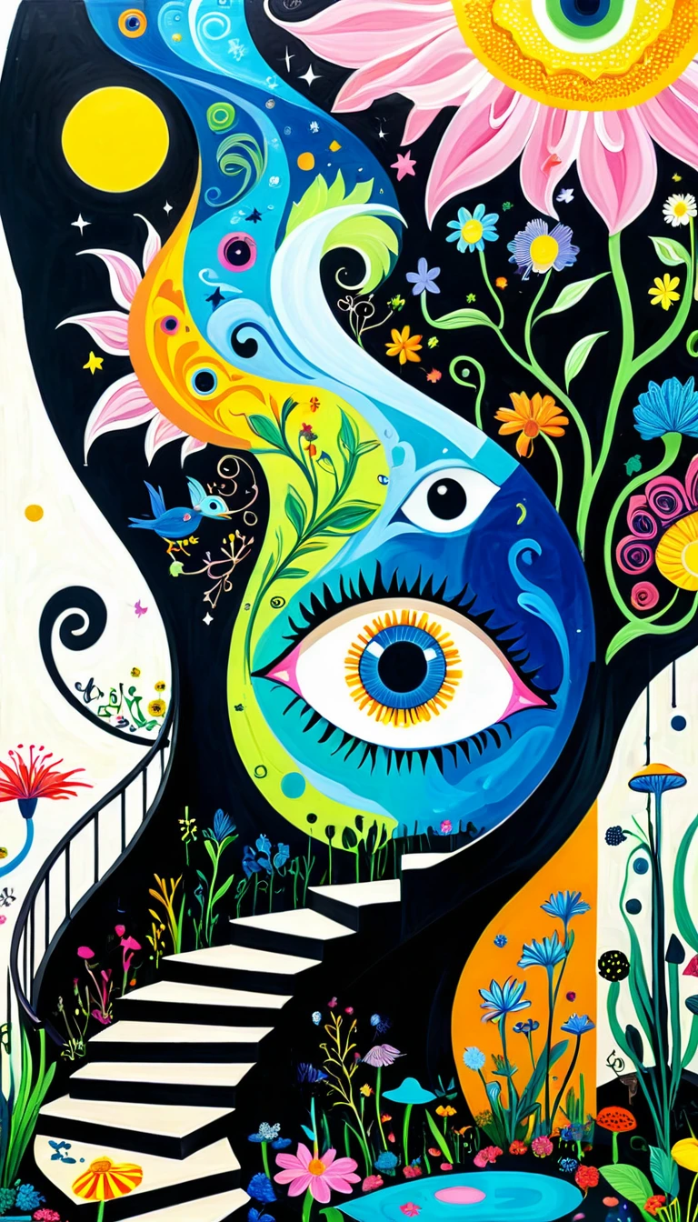 Children's graffiti,Thick coating，Concave and convex texture，Oil pastel strokes：Colorful black，Dopamine color matching，爱吃fish的猫、flowesh、spiral staircase、Tentacles、bird、(((Eye)))、diatom，Abstract mosaic painting，Describing the inner world of autistic people，Sense of space，White Space，interesting，Innocence，Psychedelic Art，

