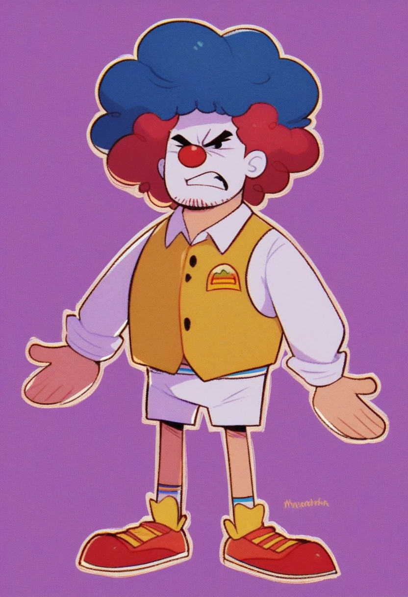 ronald_mcdonald, solo, simple background, shirt, long sleeves, 1boy, full body, male focus, red hair, striped, collared shirt, purple background, yellow vest with red outline on center and Mcdonalds logo on the right, afro, clown, angry expression, red nose, facial hair, face paint, red and white striped sleeves, fat, white underwear, no pants